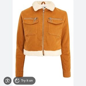 TOPSHOP Moto Cropped Tan Denim Borg Jacket w/ faux white shearling